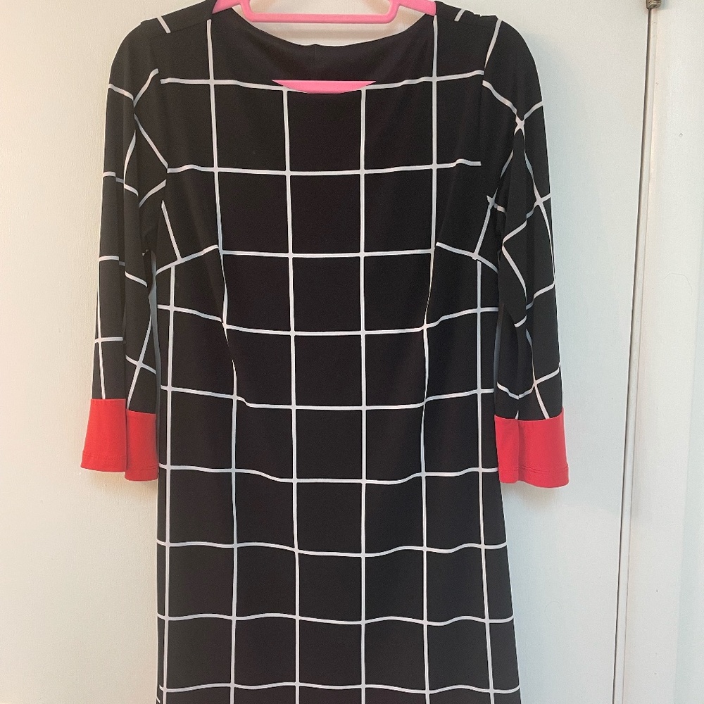 Enfocus Studio 3/4 Sleeve Dress With Grid Pattern and Red Trim